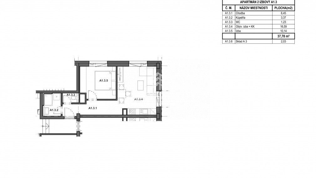 2-izbový byt 37,78m2 v novostavbe J A.1.3