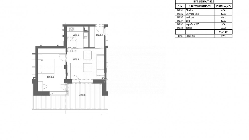 Moderný čiastočné zariadený 2-izbový byt v novostavbe WEST III.etapa Bytový dom L B.2.3 s priestrannou terasou